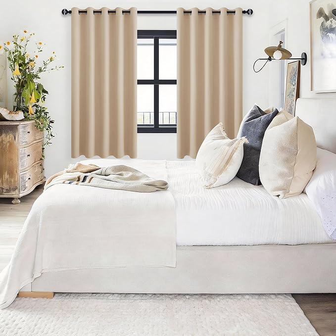 Grommet Blackout Curtains for Bedroom 60 x 72 Inches Beige 2 Panels | Thermal - Image 6