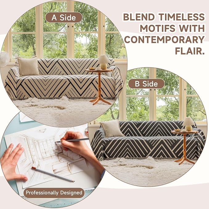 VClife Modern Geometric Couch Slipcover Black Beige Cream Arrow Herringbone - Image 3