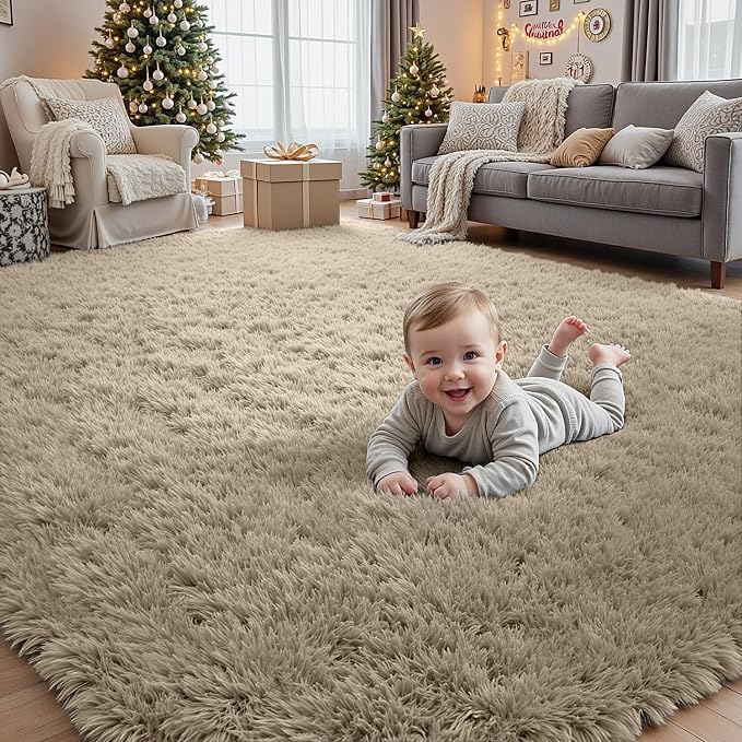 5x7 Fluffy Shag Area Rugs for Living Room Bedroom: Soft Carpet Gray Camel | - Image 9