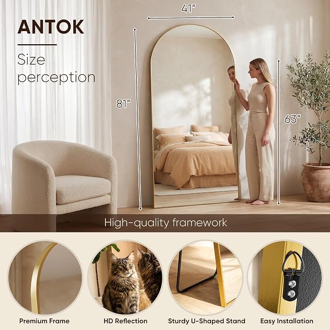 Antok 81" x41” Arched Full Length Floor Mirror, Free Standing/Wall Mount/Leaning - Image 3