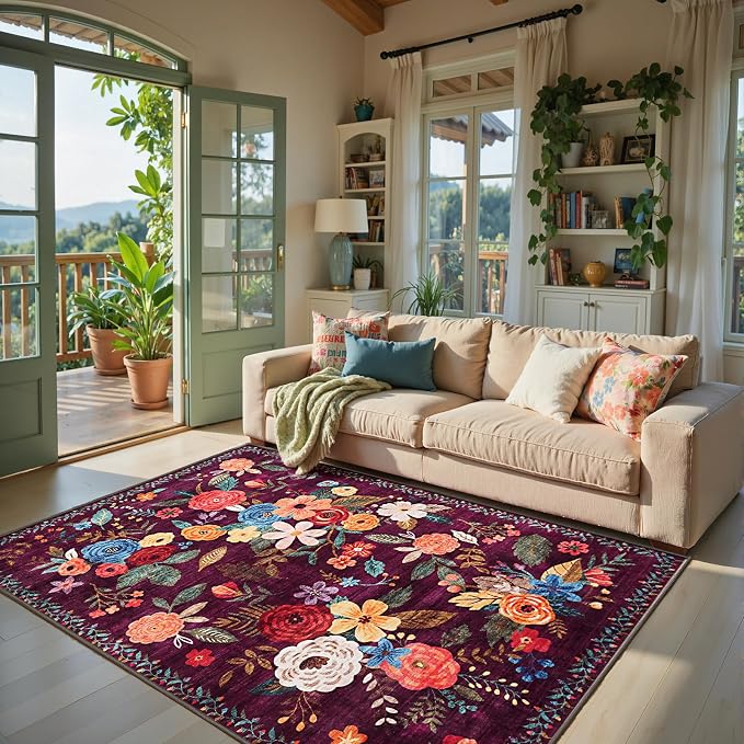 Area Rug 4x6 Rug Washable Boho Rugs | Non Slip Low Pile Floral Small Carpet by WelcometoBabovid