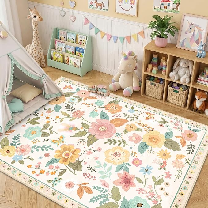 RELEANY Floral Washable 4x6 Area Rugs Beige/White/Orange | Flower Carpet Print by RELEANY