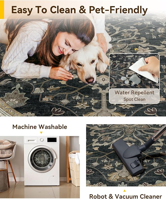RELEANY Washable Area Rug, Round 4ft, Water Repellent, Pet Friendly, Vintage - Image 4