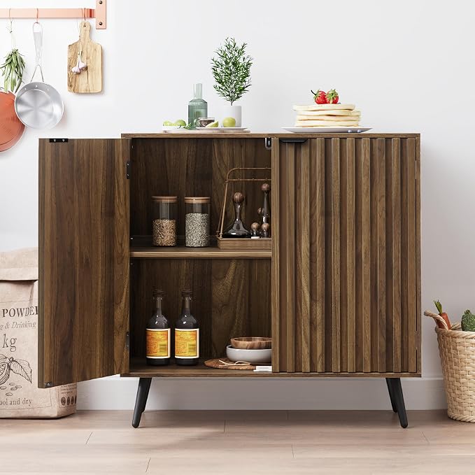 Smuxee Fluted Sideboard Cabinet, Freestanding Walnut Buffet Cabinet - Image 3