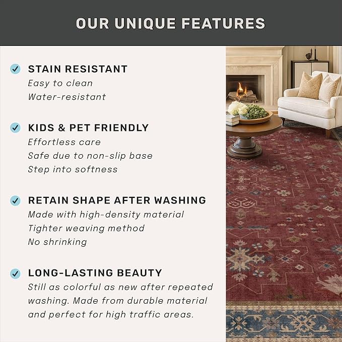 Boho Washable 3x16 Extra Long Hallway Runner Rug, Burgundy Waterproof Large - Image 6