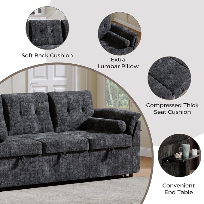 Convertible Sleeper Sofa Bed, 63 Inch Chenille Pull Out Couch - Image 3