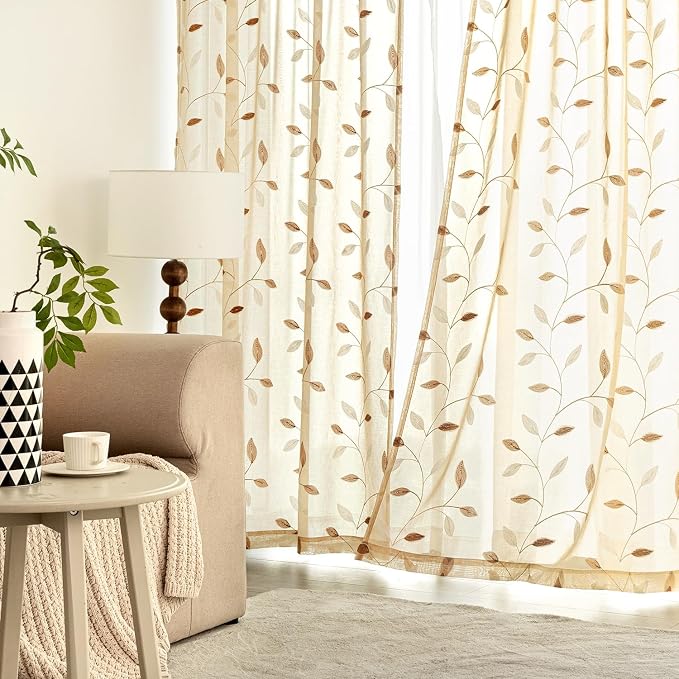 MIULEE Beige Sheer Curtains 2 Panels Embroidered Leaf Patterned, W30 x L24 | - Image 3