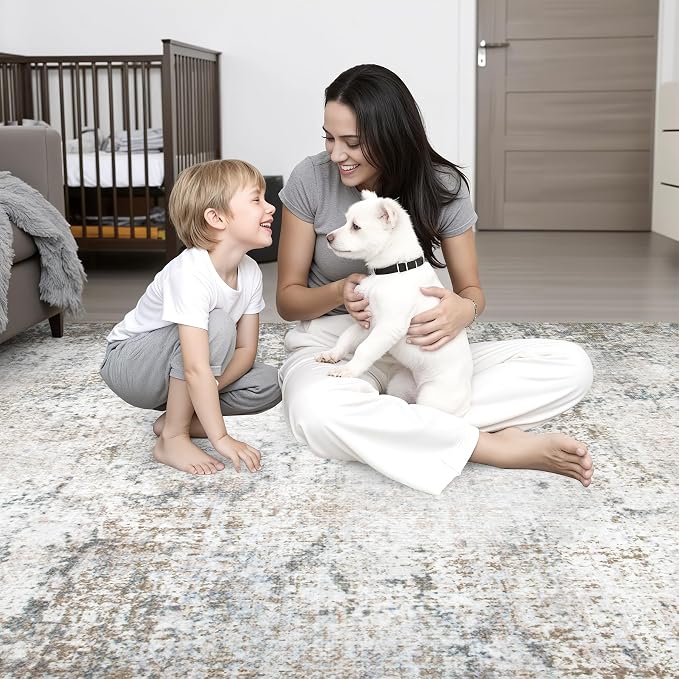 Round Area Rug Living Room: 5 ft Modern Washable Carpet Brown | - Image 8