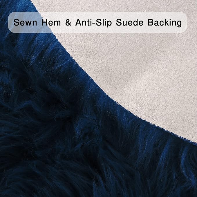 Navy Blue Faux Sheepskin Throw Rug 2x3 ft, Small Fluffy Fur Chair Cover | Shag - Image 3