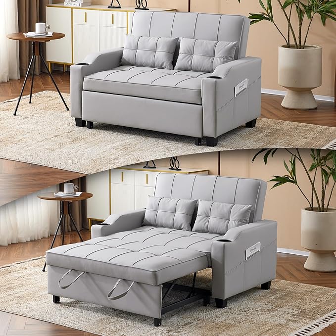 VINGLI Convertible Loveseat Sleeper Sofa, Light Grey Faux Leather Futon Sofa by VINGLI