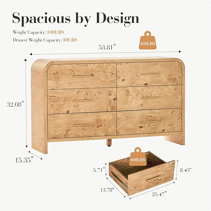 Curved 6-Drawer Dresser for Bedroom, Vanity Desk TV Stand for Living Room - Image 2