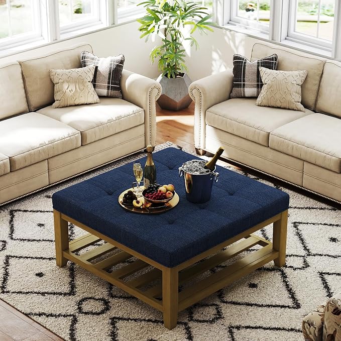 Befurtori Large Square Ottoman Coffee Table, Linen Solid Upholstered Footrest - Image 4