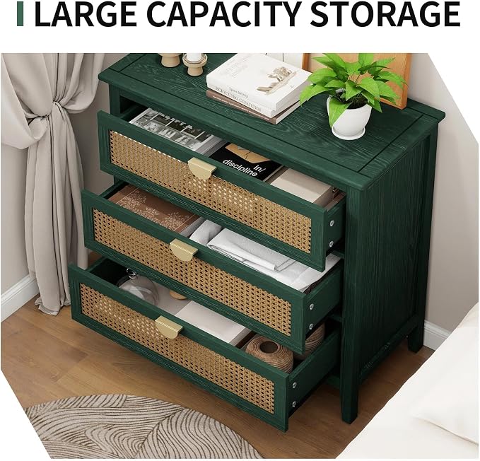 31.5" Retro Green Accent Storage Cabinets, Boho 3-Drawer Cabinets - Image 3