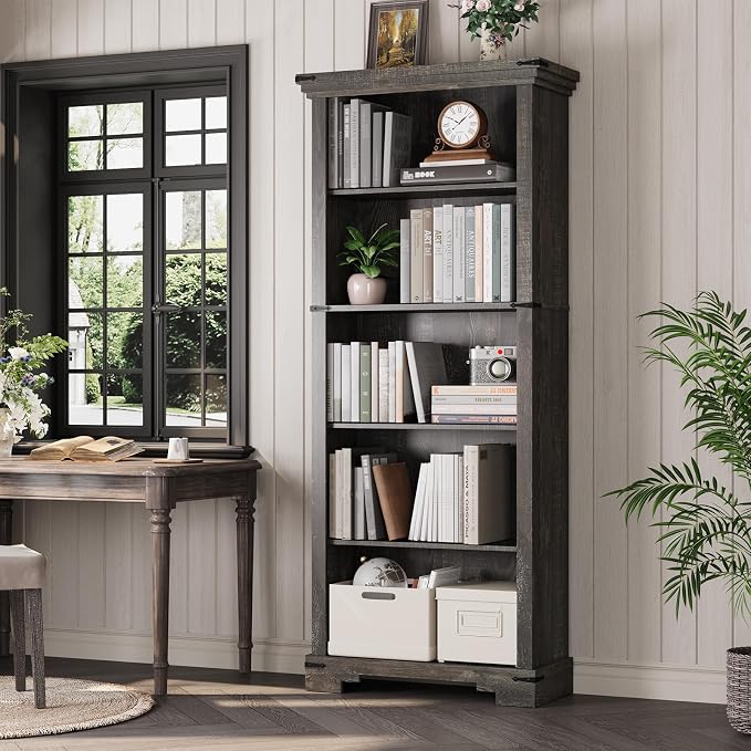 5-Tier Farmhouse Bookshelf, 61.1 inch Tall Bookcase by HOTLUU