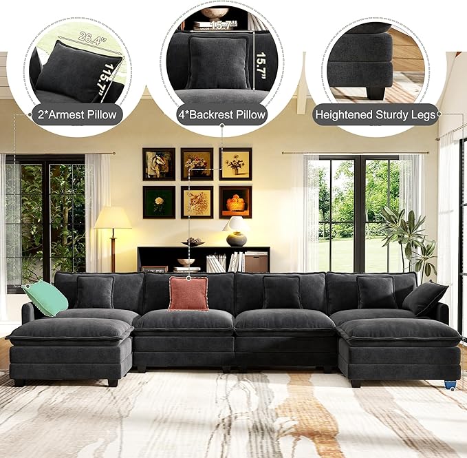 146" Cloud Couch Sectional, U Shaped Modular Sectional Sofa, 4-Seat Deep Seat - Image 3