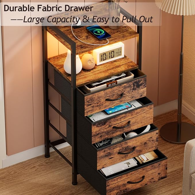 Furnulem Night Stand with Charging Station and Led Light, 4 Drawer Dresser - Image 8