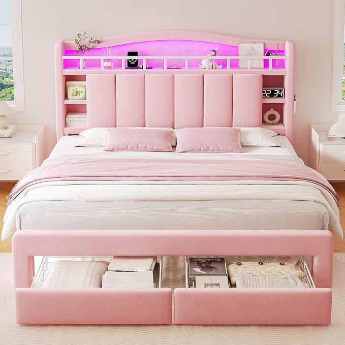 Queen LED Bed Frame with Storage Headboard & 2 Storage Drawers, Princess Velvet - Image 3