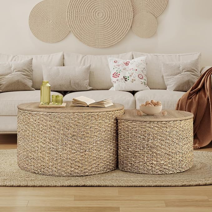 Nesting Coffee Table Set of 2, Rustic Crate and Barrel Coffee Table, Hand-Woven by Giofanzo
