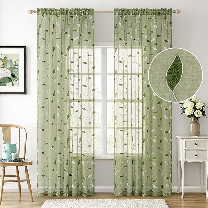 MIULEE Sage Green Sheer Curtains 2 Panels Leaf Patterned, W52 x L96 | - Image 2