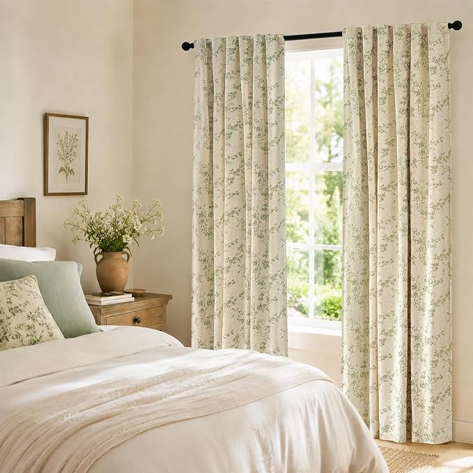 Blackout Vintage Floral Linen Curtains Green on Beige 50×84 2 Panels | Elisa - Image 5