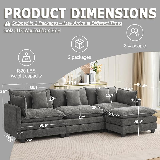 113” Modular Sectional Sofa, L Shaped Cloud Couch - Image 2