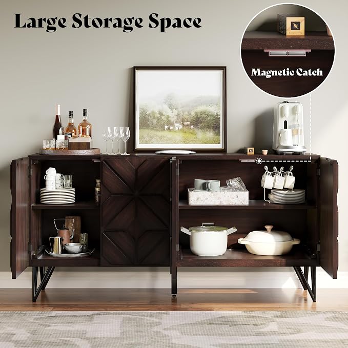 AMERLIFE 63” Solid Acacia Wood Sideboard Buffet Cabinet, Hand-Carved Geometric - Image 4