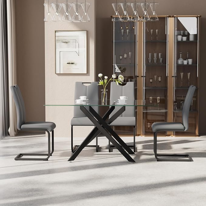 5-Piece Dining Table Set for 4, Modern Rectangular Glass Table - Image 3