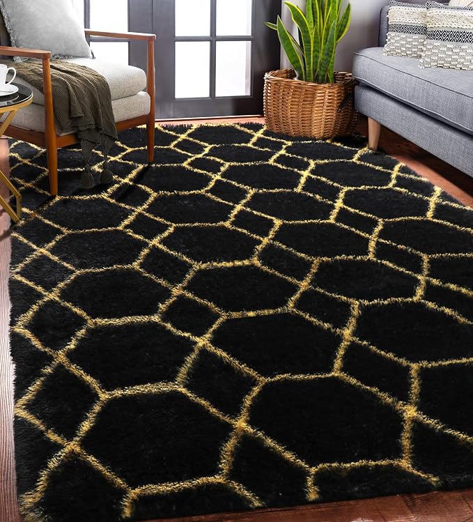 Area Rugs for Bedroom Living Room, 4x6 Fluffy Black and Gold Geometric Rug | - Image 2