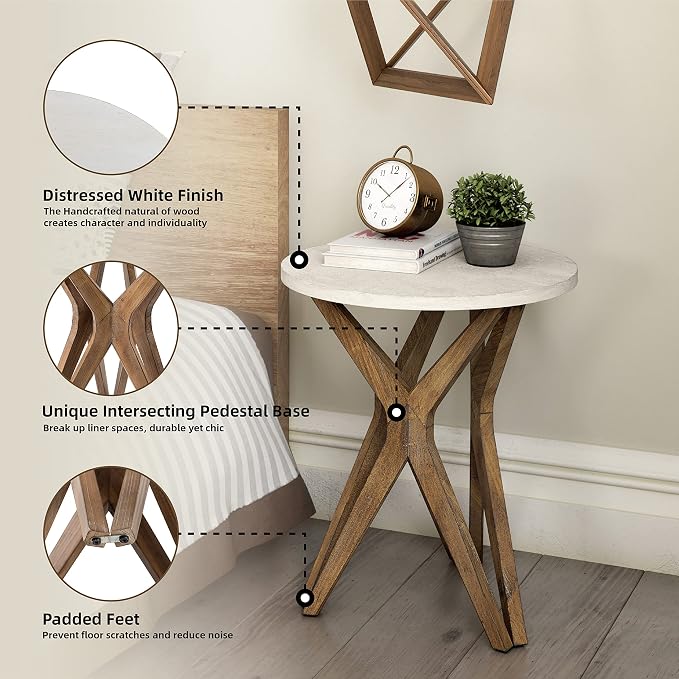 Pedestal Farmhouse End Table Set of 2, Distressed Top - Image 4