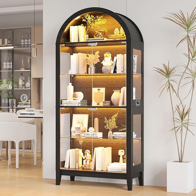 HNEBC Arched Book Shelf with Glass Doors, LED Bookcase with RGB Lights by HNEBC