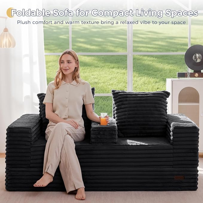 MAXYOYO Loveseat Sofa Bed, Striped Faux Fur Foldable Floor Sofa Couch in A Box - Image 8