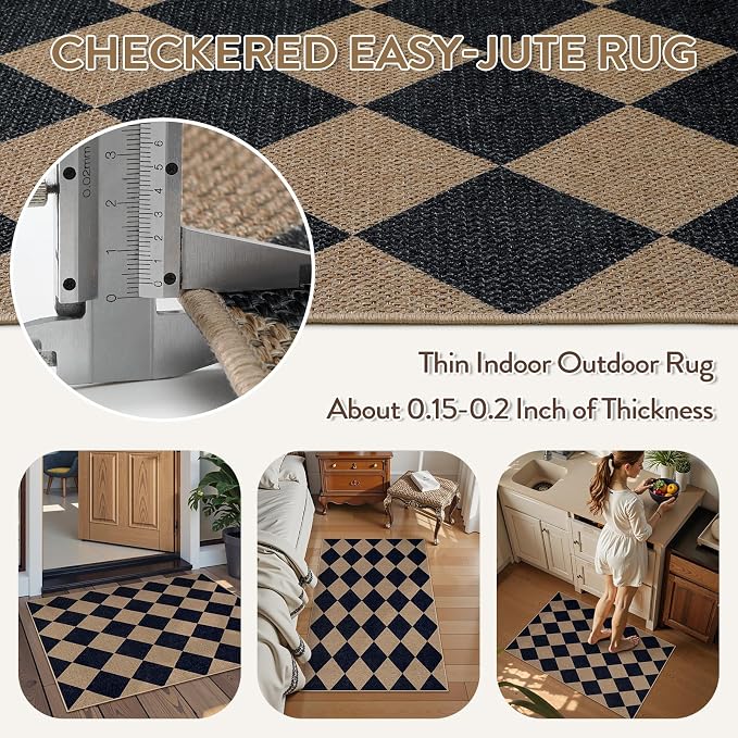 Lahome Checkered Easy Jute Front Door Mat, 2x3 Kitchen Outdoor Rug Washable | - Image 5