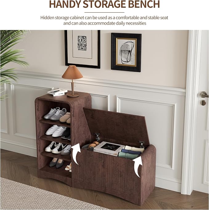 Shoe Cabinet with Bench, L-Shaped Shoe Storage Cabinet, Wood Tall Shoe Rack - Image 4