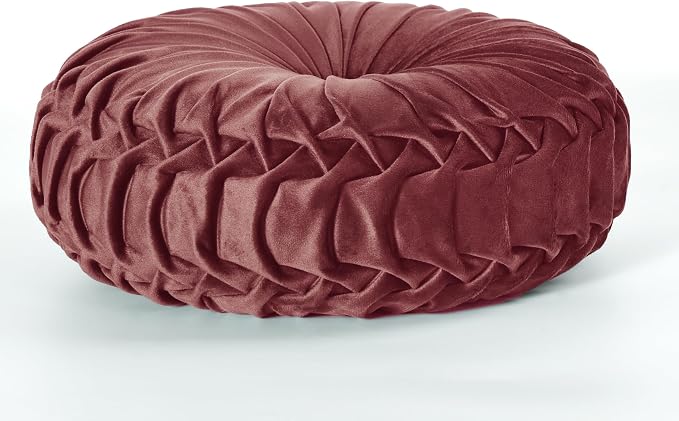 HIG Set of 2 Dusty Rose Velvet Decorative Round Pleated Throw Pillows | Vintage - Image 5