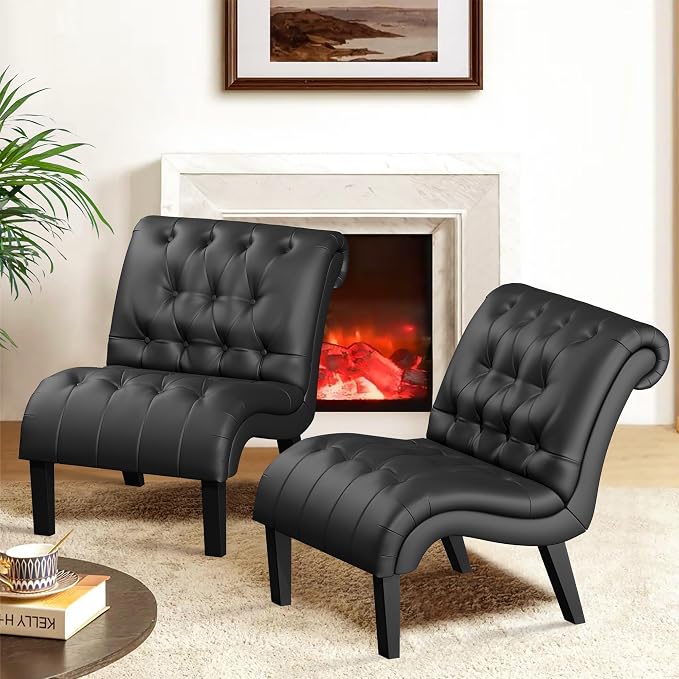 PU Leather Accent Chairs Set of 2 Button Tufted Upholstered Modern Armless by lightupyourlife