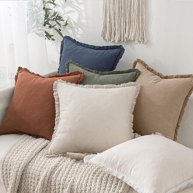 MIULEE Boho Linen Fringe Decorative Euro Throw Pillow Covers Camel 22x22 | Set - Image 6
