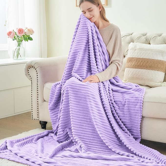 BEDELITE 3D Ribbed Pastel Lilac Fleece Throw Blanket - Image 6