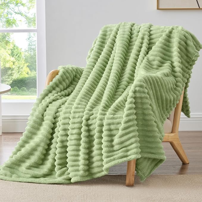BEDELITE Striped Fleece Throw Blanket, Sage Green, Soft Cozy, Lightweight Warm by BEDELITE