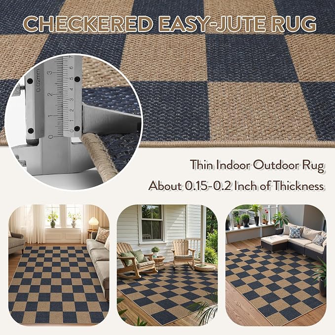 Lahome Checkered Easy Jute Living Room Rugs, 5x7 Outdoor Patio Rug Washable | - Image 3