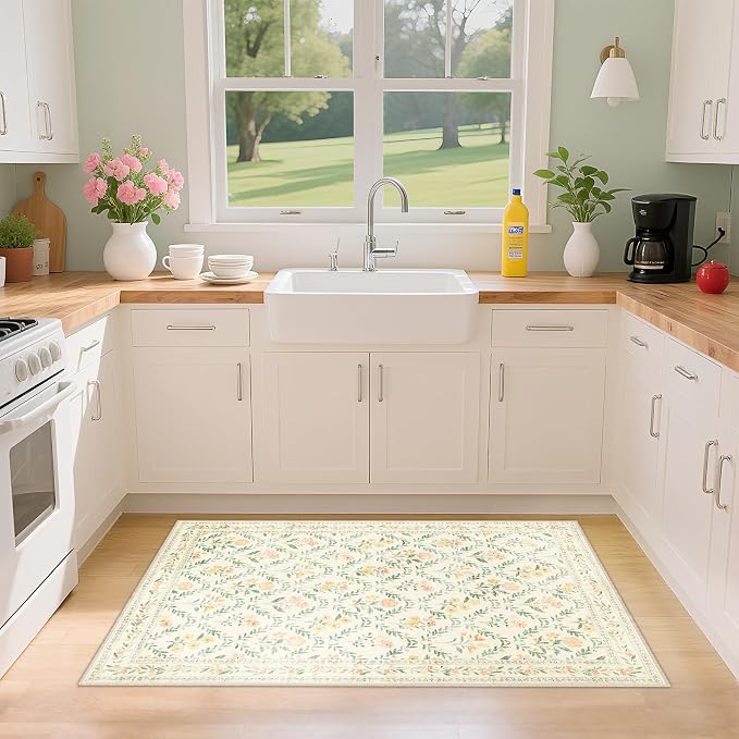 PLHXFR 2x3 Small Entryway Rug: Floral Washable Indoor Carpet Beige Multi | - Image 4