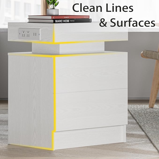 LIKIMIO Night Stand with Charging Station, Modern White Nightstand with LED - Image 7