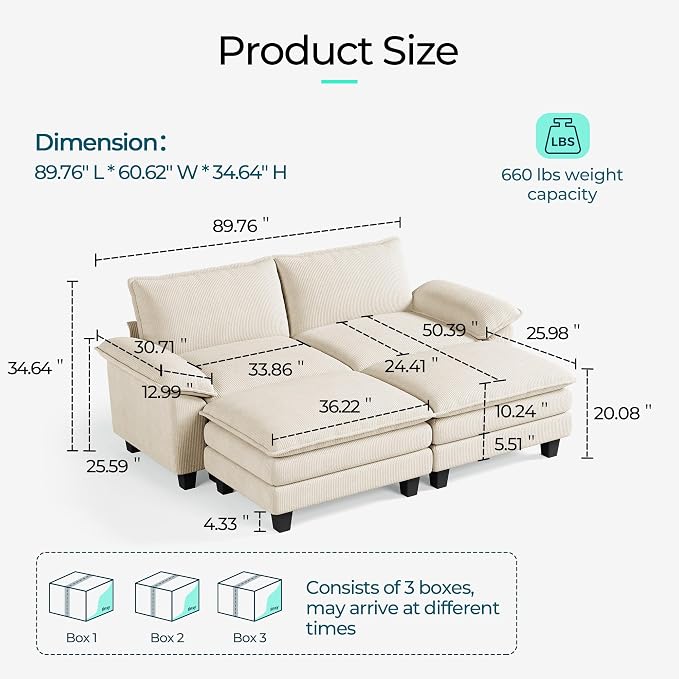 LINSY HOME 90" Modular Cloud Love Seat Sofa, Corduroy Soft Sectional Couch - Image 2