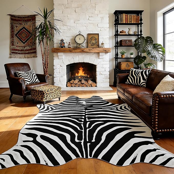 Faux Zebra Rug, Zebra Print Rug Animal Hide Rugs, 4.6 x 5.2 Ft Black | Premium - Image 9