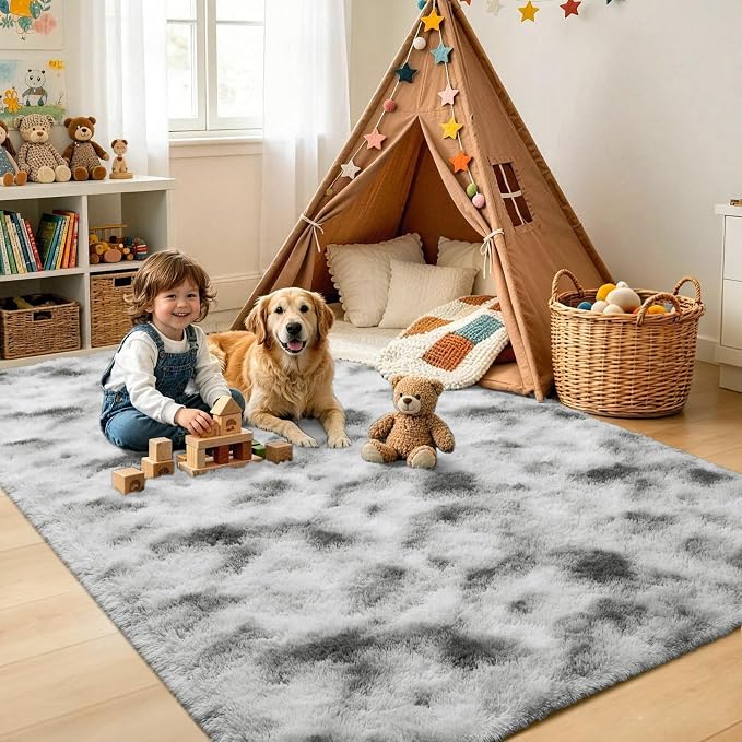 6x9 Large Tie-Dyed Grey and White Fluffy Area Rug Non-Slip - Image 4