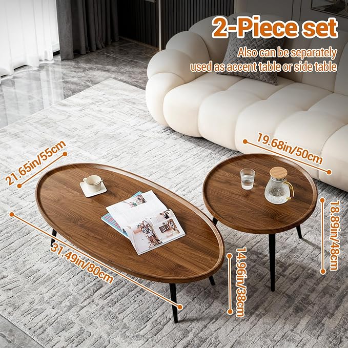 Nesting Coffee Table Set of 2, Walnut Coffee Tables - Image 3