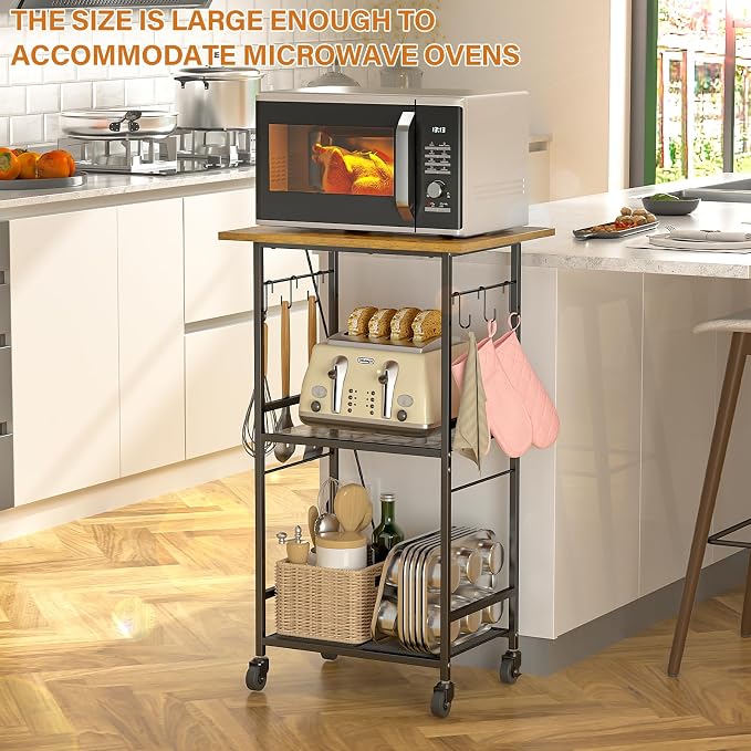 ThreeHio Rolling Kitchen Microwave Cart, 3 Tier Microwave Table Stand - Image 5