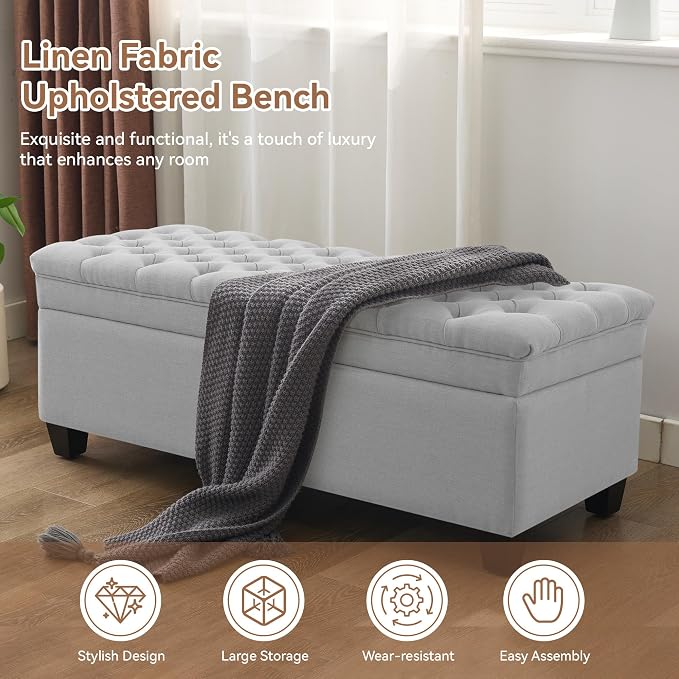 WUTUTUEE 51" Fabric Storage Ottoman Bench, Upholstered Rectangle End of Bed - Image 6