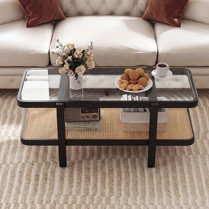 Giantex Rattan Coffee Table, 47.5" Rectangle Solid Wood Tea Table w/Tempered - Image 3