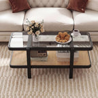 Giantex Rattan Coffee Table, 47.5" Rectangle Solid Wood Tea Table w/Tempered - Image 3
