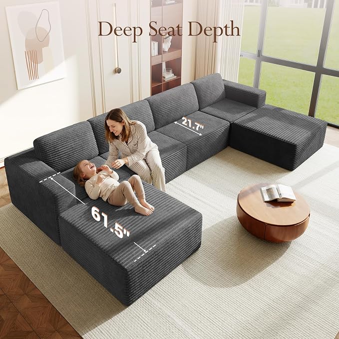Vesgantti 159" Large Modular Sectional Sofa, U-Shaped Corduroy Cloud Couch - Image 5